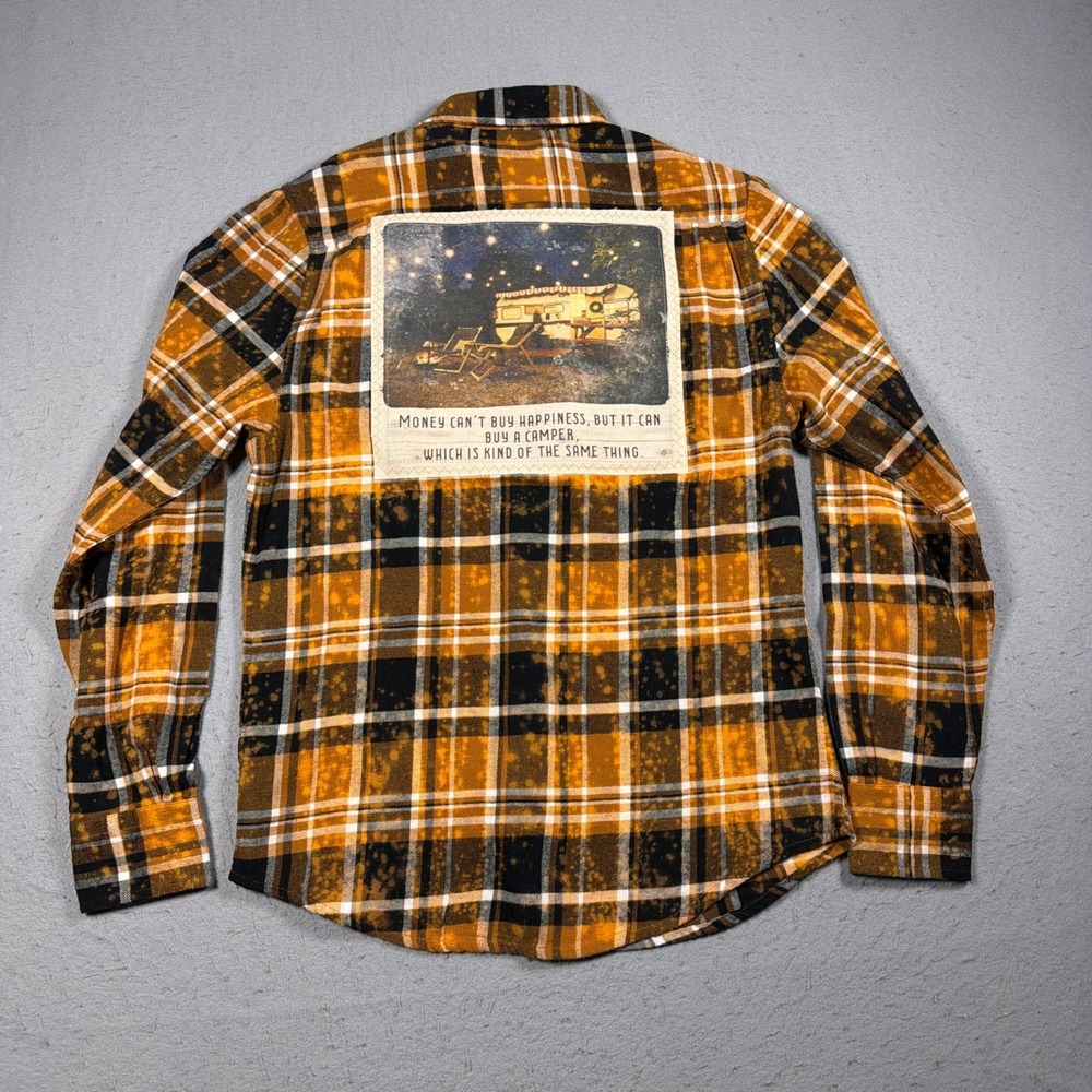 Angry Minnow Flannel Shirt Men Small Plaid Graphic‎ Patch Camper Life NWT